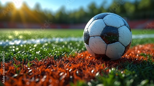 3D illustration of a textured soccer field with a ball at center midfield.
