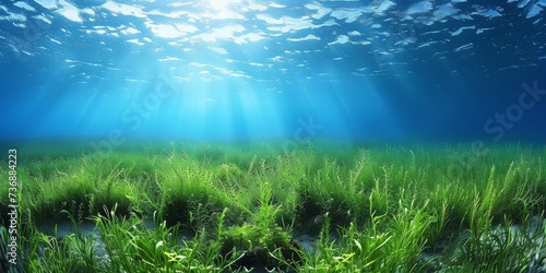 Sunlight Dances through the Depths of the Ocean, Illuminating the Vibrant Seagrass in a Peaceful Underwater Meadow, Generative AI © Ben