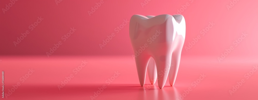 A small model tooth is presented on a pink-based background, embodying a simple style. - obrazy, fototapety, plakaty 