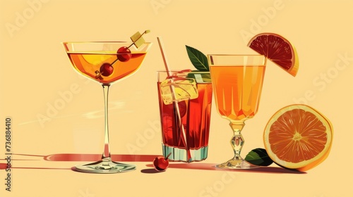 Assorted Retro Cocktails Illustration - Vintage Styled Drink Collection with Citrus Accents