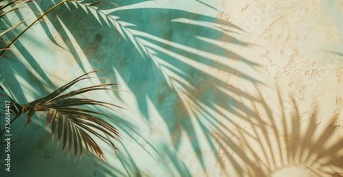 A shadow of palm leaves is cast over a wall, featuring a motion blur panorama, minimalistic objects, eco-friendly craftsmanship, and playing with light and shadow in light emerald and light beige.