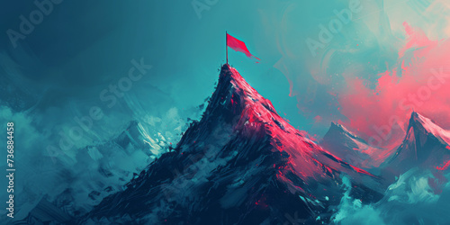 A small icon that looks like a flag on the top of a mountain, featuring futuristic digital art, dramatic atmospheric perspective, and crystalcore in dark cyan and light crimson. photo