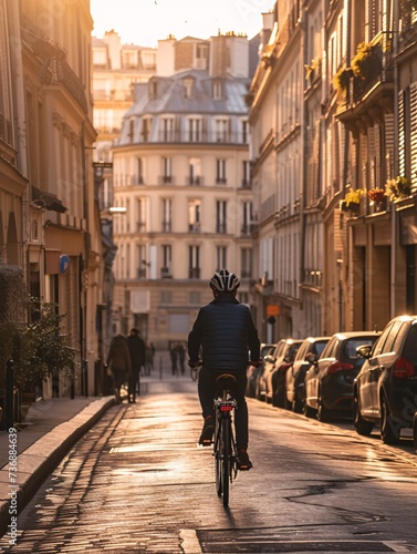 Unrecognizable man biking along a Parisian road.
