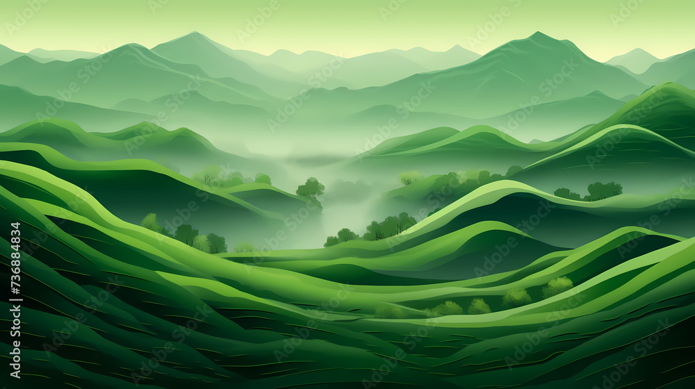 Grassy hillsides meet in a landscape painting Grassy hillsides meet in a landscape painting
