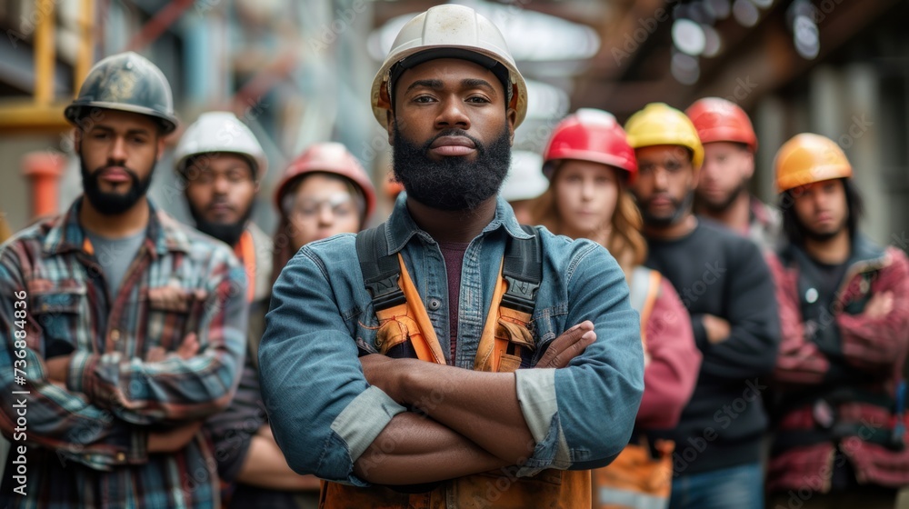 A handful of confident construction workers in safety gear stood with their arms crossed. It shows teamwork and professionalism in the industry. A handful of confident construction workers in safety gear stood with their arms crossed. It shows teamwork and professionalism in the industry.