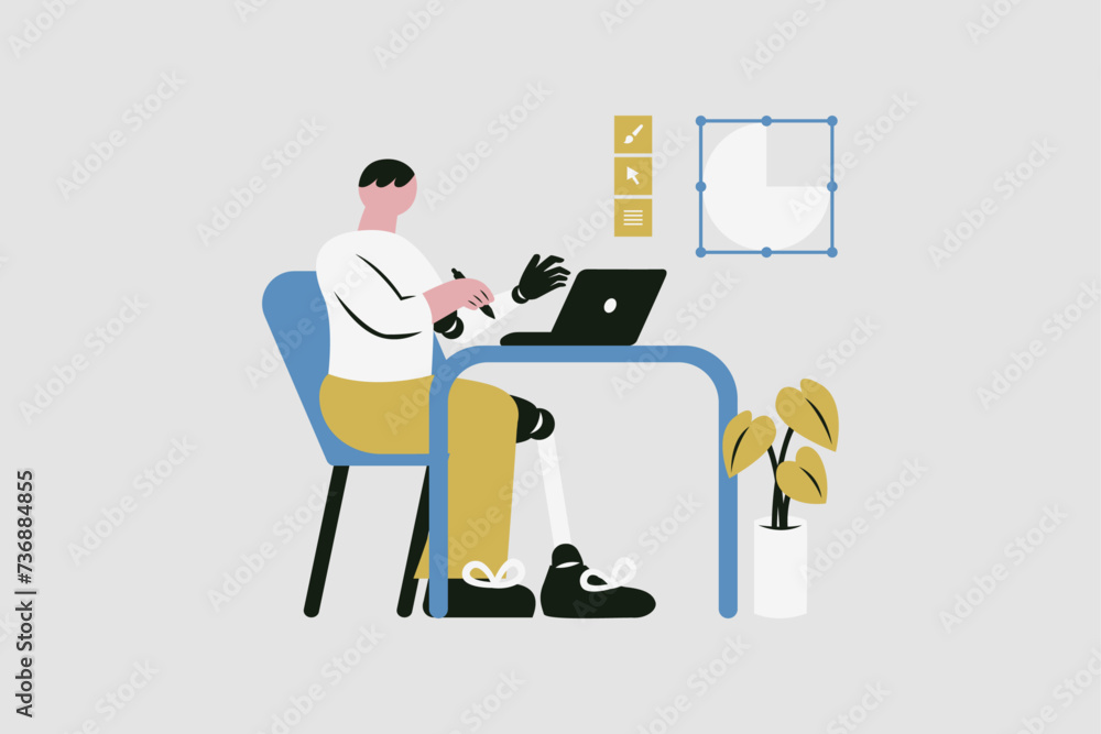 Disabled Man Working Remotely on Computer Vector Illustration