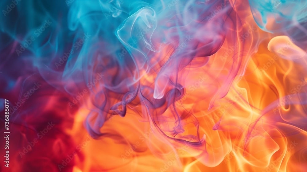 Abstract image of swirling smoke in vibrant hues of blue and orange, creating a fiery and fluid visual effect.