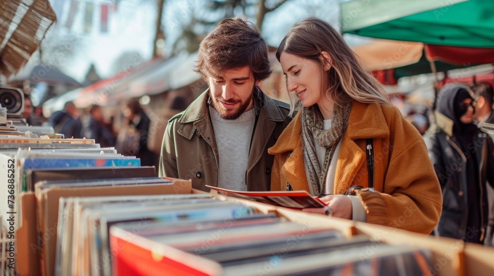 Newlywed pair selecting vinyls at flea bazaar in France. Newlywed pair selecting vinyls at flea bazaar in France.
