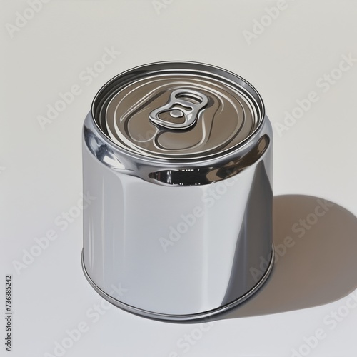 An empty can with a silver lid', embodying hyperrealism, constructed surface, and flatness of surface.