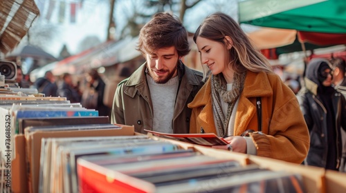 Newlywed pair selecting vinyls at flea bazaar in France.