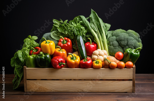 Wooden crate of farm fresh vegetables with cauliflower  tomatoes  zucchini  turnips and colorful sweet bell peppers on a wooden table