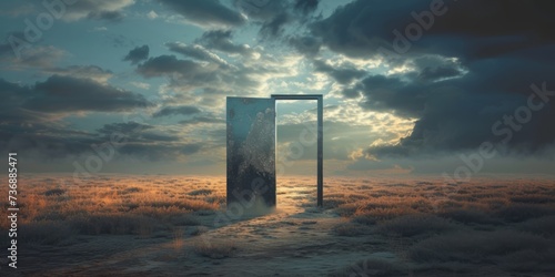 An open door in a desert field, featuring surrealistic elements, a moody atmosphere, realistic chiaroscuro, and tenebrism-inspired elements.