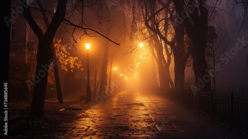  a foggy street at night with a street light in the foreground and trees on the other side of the street.