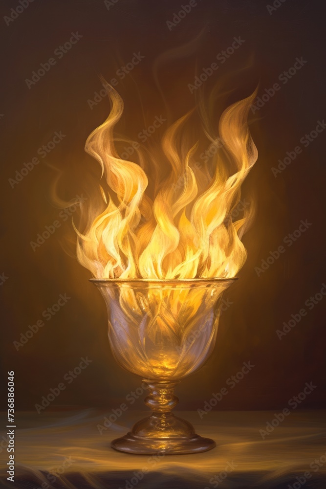 lit burning holy fires in a glass vase, featuring fleeting light contrasts and light-focused elements in light brown and gold.
