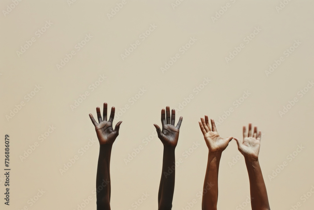 Four people's arms are raised up against a beige background, representing a feminist perspective, captured in a close-up with monochromatic palettes in dark bronze and white
