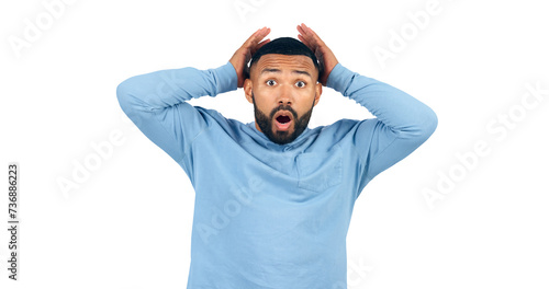 Tableau sur toile News, announcement and man with surprise in portrait with drama in transparent, isolated or png background