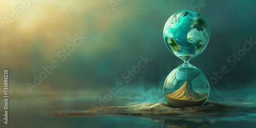 A global warming hourglass with earth sitting in it  featuring photorealistic surrealism  lively movement portrayal  and surrealist realism in dark turquoise and light beige.