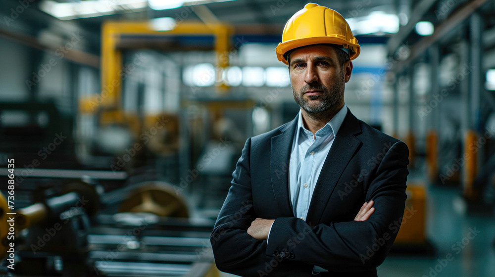 Confident businessman in a suit and hardhat stands in an industrial factory environment. Confident businessman in a suit and hardhat stands in an industrial factory environment.