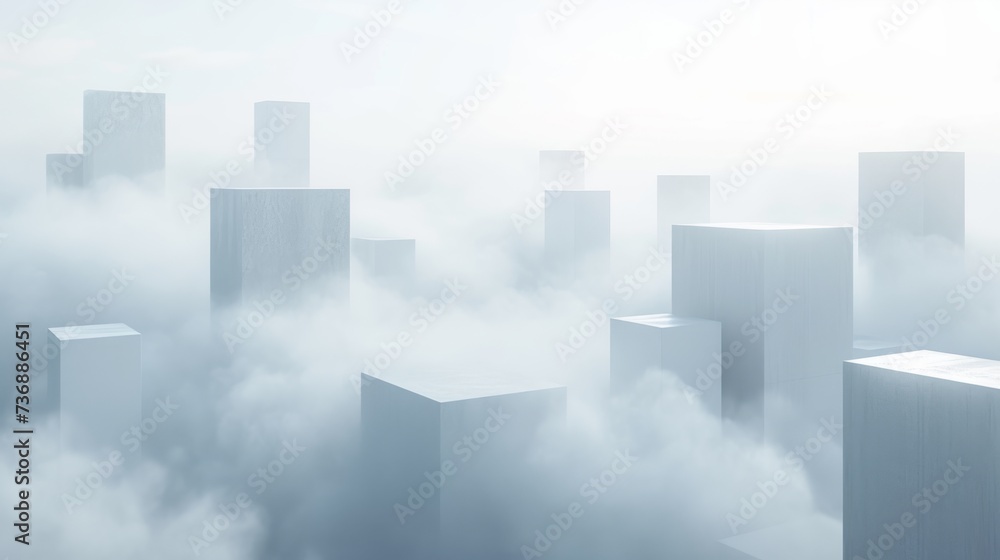One of the cubes is situated in a city covered with clouds, as part of minimalist stage designs, viewed from a high-angle, with dusty piles and ethereal abstractions on a white background. One of the cubes is situated in a city covered with clouds, as part of minimalist stage designs, viewed from a high-angle, with dusty piles and ethereal abstractions on a white background.