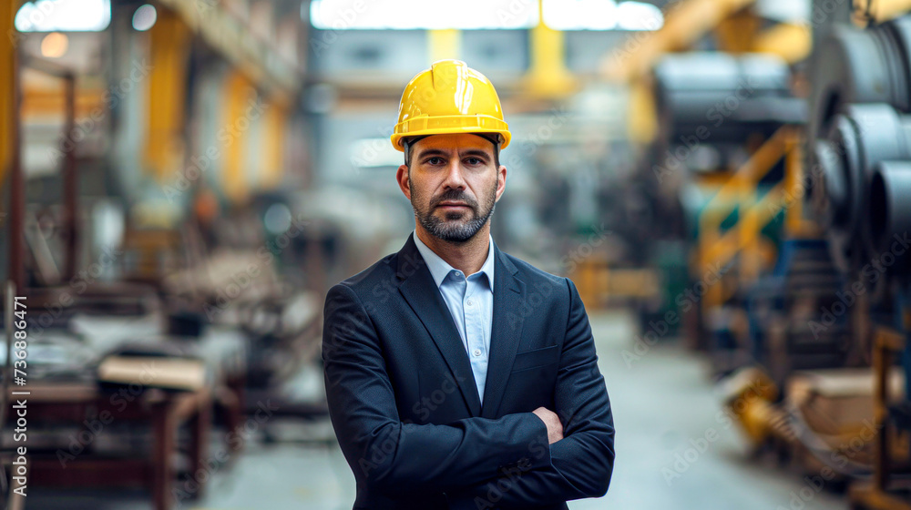 Confident businessman in a suit and hardhat stands in an industrial factory environment. Confident businessman in a suit and hardhat stands in an industrial factory environment.