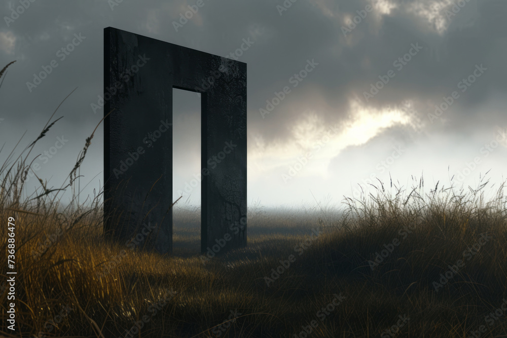 An open door in the field, featuring surrealistic elements, a moody atmosphere, realistic chiaroscuro, and hyper-realistic atmospheres. - obrazy, fototapety, plakaty 
