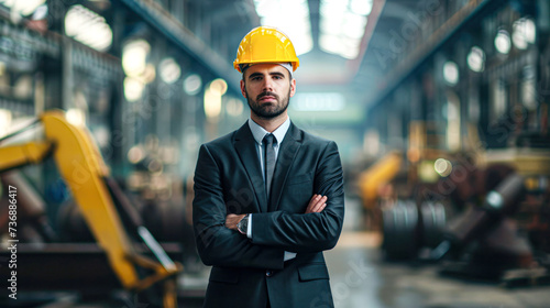 Confident businessman in a suit and hardhat stands in an industrial factory environment.