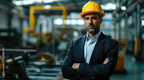 Confident businessman in a suit and hardhat stands in an industrial factory environment.