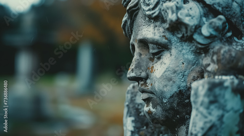 Weathered statue face with rain in cemetery.