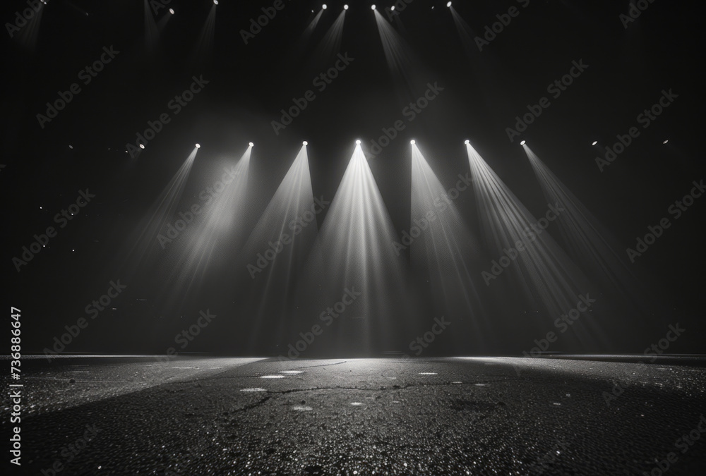 A photo of a light stage showing spotlights is presented, featuring photorealistic compositions, grandeur of scale, a contest winner, and monochromatic imagery in dark gray and black. - obrazy, fototapety, plakaty 