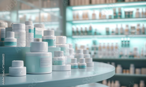 A pharmacy concept is presented with creams and medicine, featuring blurred landscapes, indoor still life, and ray tracing in light sky-blue and gray.