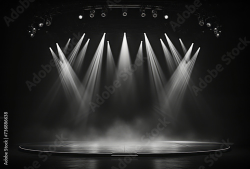 A photo of a light stage is presented, showing spotlights, photorealistic compositions, grandeur of scale, a contest winner, and monochromatic imagery in dark gray and black. photo