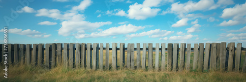 Wooden fence stretching across a grassy landscape.