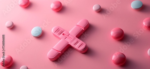 Pink pills with a cross, featuring minimal retouching, Swiss style, post processing, and tabletop photography in light red and light indigo.