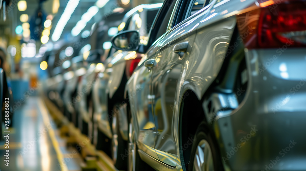 Row of cars in production line at factory. Row of cars in production line at factory.