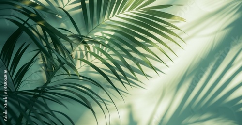 A shadow is cast on a wall by palm leaves, featuring a motion blur panorama, minimalist still life, minimalist and abstract shapes, and a matte background in light emerald and light beige. photo