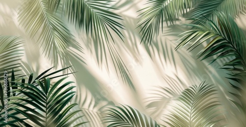 A shadow is cast on a wall by palm leaves, featuring a motion blur panorama, minimalist still life, minimalist and abstract shapes, and a matte background in light emerald and light beige.