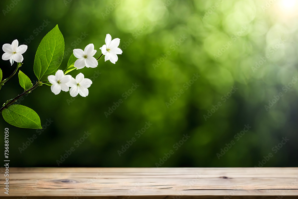 white flower branch with Empty Bright wooden desk tabletop platform on Blurred bokeh sun lights dark Forest trees with sunlight Background, Blank showcase pedestal For product display presentation