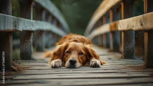  a close up of a dog laying on a bridge with its head on it's paws and it's paws resting on the ground. photo