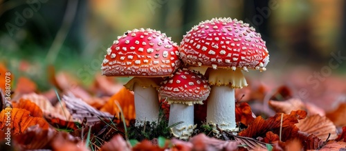 Three red mushrooms are perched on a bed of green leaves, part of the natural landscape. These terrestrial organisms belong to the fungus family Agaricaceae