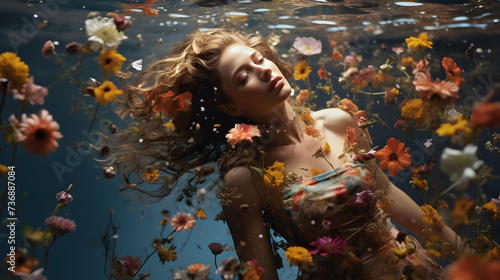 woman dancing in the nightclub   A woman laying in the water surrounded by flowers 