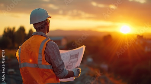 Engineer in a reflective vest and hard hat checking architectural plans at the construction site With the golden light of the setting sun in the background.