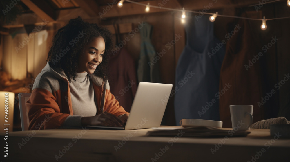 Smiling young African woman shopping online. Laptop, credit card. Spending money concept. Surfing internet shopping online via laptop Smiling young African woman shopping online. Laptop, credit card. Spending money concept. Surfing internet shopping online via laptop