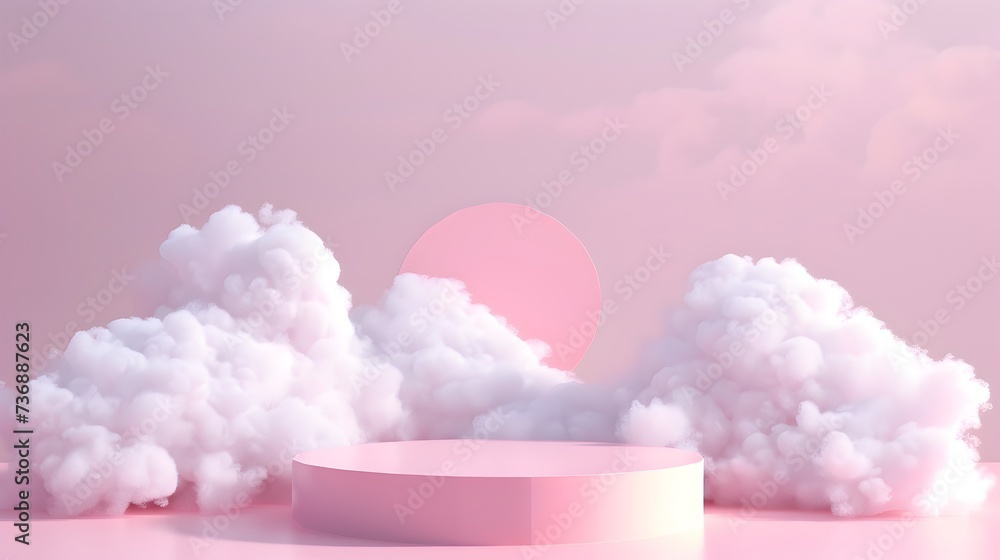 Abstract pink 3D pedestal podium with set of realistic cloud. Minimal scene for product display presentation, showcase or product display Abstract pink 3D pedestal podium with set of realistic cloud. Minimal scene for product display presentation, showcase or product display
