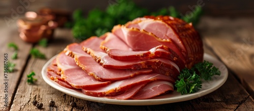 Sliced ham on a table in a white plate.