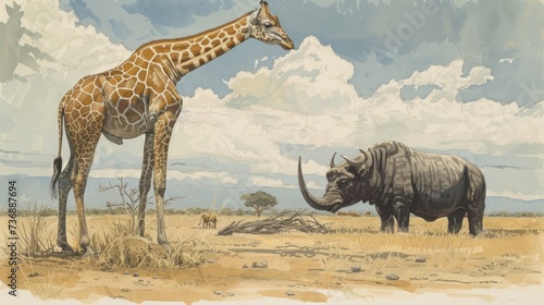  a painting of a giraffe and a rhinoceros in a field with a cloudy sky in the background.