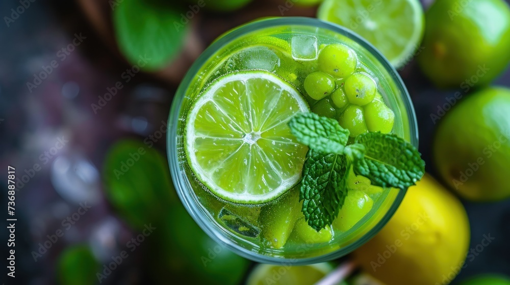 a close up of a glass of lemonade with limes and mints around the rim of the glass. a close up of a glass of lemonade with limes and mints around the rim of the glass.