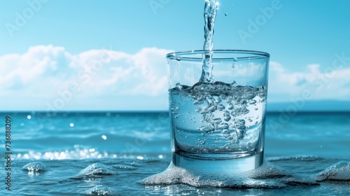  a glass filled with water sitting on top of a rock in the middle of a body of water with a sky in the background.
