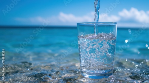  a glass filled with water sitting on top of a rock next to a body of water with a sky in the background.