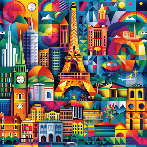 Travel themed collage origami colorful pop art line art scrapbook moodboard seamless repeat pattern, Europe, USA, world 
