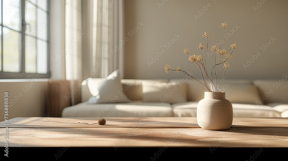 A modern living room, boho style, white furniture, dried flowers and a wooden table. A modern living room, boho style, white furniture, dried flowers and a wooden table.
